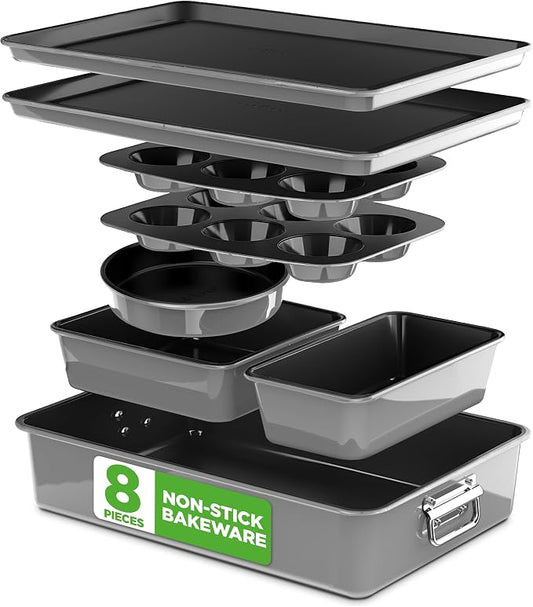 NutriChef 8-Piece Nonstick Stackable Bakeware Set - PFOA, PFOS, PTFE Free Baking Pans Set w/Non-Stick Coating, 450°F Oven Safe, Round Cake, Loaf, Muffin, Wide/Square Pans, Cookie Sheet (Gray)