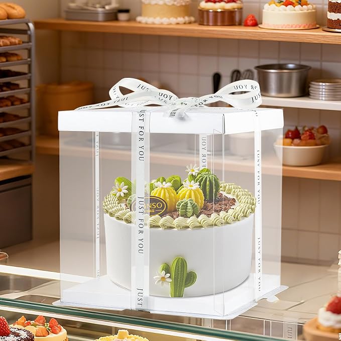 8Pcs Clear Cake Box with Ribbon 2-Layer 10x10x9 Inch, Transparent Cake Box with Lids, Tall Cake Boxes, Transport Gift Boxes for Birthday Wedding Valentine'Day.(Clear, 10 * 10 * 9inch/8pcs)
