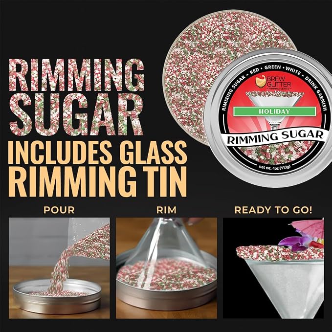 Brew Glitter - Red, Green & White Rimming Sugar (4oz, 1x Bar Tin) Cocktail Garnish for Mixed Drinks & Refreshments