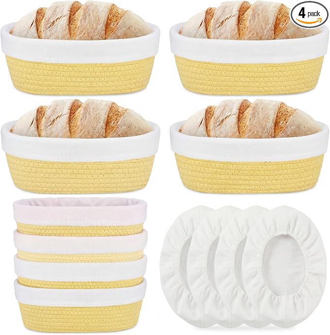 4 Pcs 10 Inch Bread Proofing Basket Set Cotton Rope Oval Banneton Basket Sourdough Bread with Liners Covers for Baking Supplies (Yellow)
