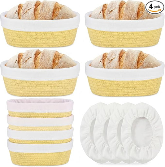 4 Pcs 10 Inch Bread Proofing Basket Set Cotton Rope Oval Banneton Basket Sourdough Bread with Liners Covers for Baking Supplies (Yellow)