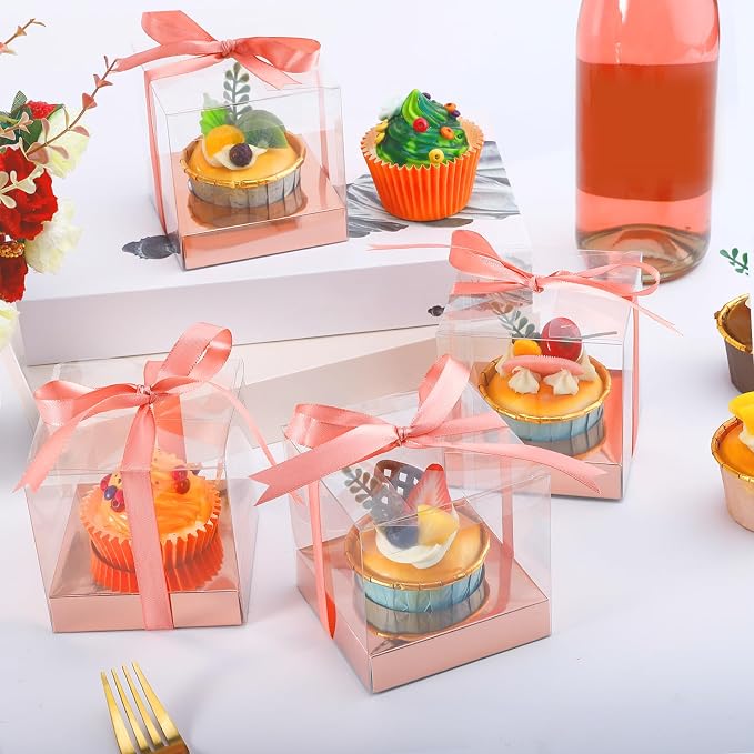 24 Pcs Clear Plastic Cupcake Boxes, 3.5 Inch Single Cupcake Containers for Cake Dessert, Individual Cake Storage Holder with Ribbon Wedding Birthday Party Favor (Rose Gold)