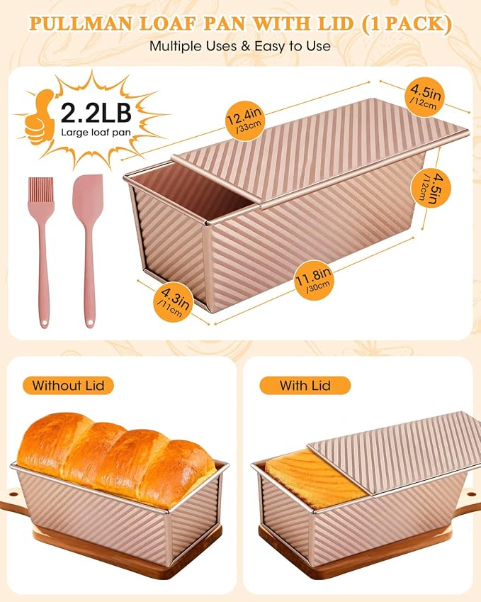 Pullman Loaf Pan with Lid: 2.2lb Dough Capacity Carbon Steel Nonstick Bread Pan for Oven Baking - for Homemade Sourdough and Sandwich Bread - Essential for Home Bakers Family Kitchen (1 Pack)