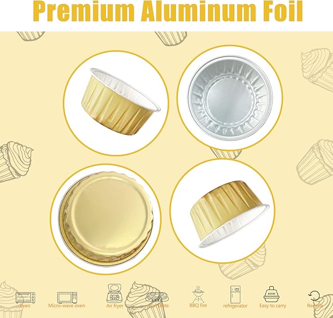100Pcs Aluminum Cups with Lids,5oz Disposable Ramekin Baking Cups Muffin Liners Mini Pie Pans Foil Cupcake Containers for Christmas Party Wedding Party,Gold