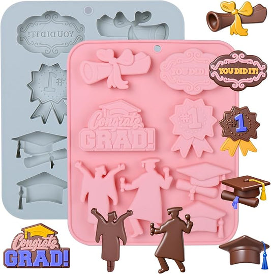 Palksky Graduation Silicone Molds, Grad Chocolate Candy Mold with Cap Diploma Congrats Scroll 3D Shape for Baking Chocolate Gummy Cookies Fondant Cupcake Cake Decor, Graduation Party Decoration