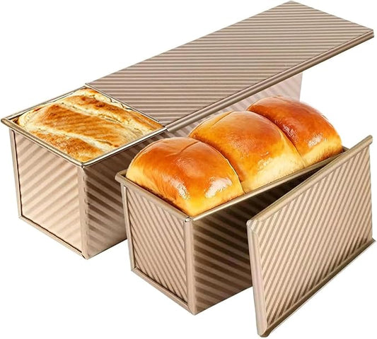 Pullman Loaf Pan with Lid, Sandwich Bread Loaf Pan, 2 Pack, Golden | Pullman Bread Pan with Lid, 13x5 & 8x4 Inch, Nonstick Aluminized Steel Sourdough Bread Loaf Pan 2.2lb & 1lb Pullman Loaf Pan