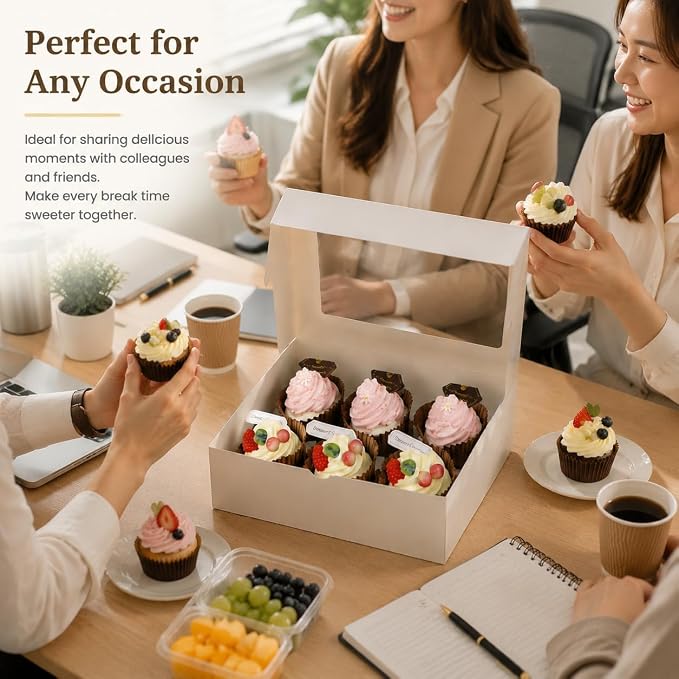 Pralb 20Pack White Cupcake Boxes with Inserts 6 Holders,White Standard Bakery Boxes with Pvc Window,Cupcake Containers Bakery Cake Box,Auto-Popup Cupcake Containers Carriers Bakery Cake Box(9x6x3inch)