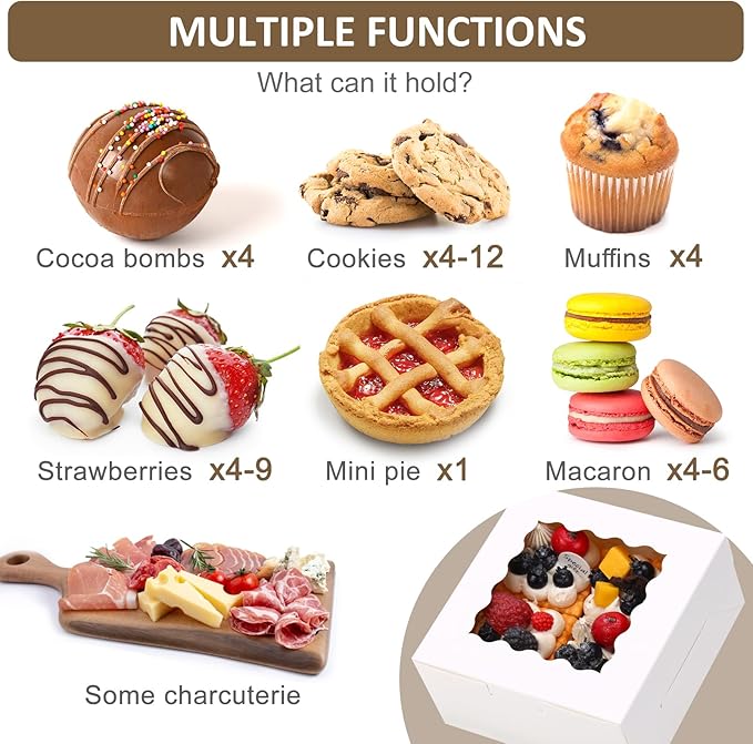 Moretoes 80pcs 6x6x3 Inches Bakery Boxes, Cookie Boxes with Window, Small Treat Containers for Pastries, Chocolate Covered Strawberries, Macarons, Cupcakes, Goodies, Donuts,White