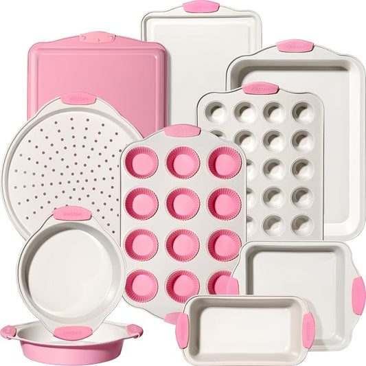 Kikcoin 22 PCS Nonstick Baking Pans Set, Stackable Bakeware Sets with Silicone Handles, 450°F Oven Safe Baking Sheet Set, Easy Release Cookie Sheets for Baking, Pink