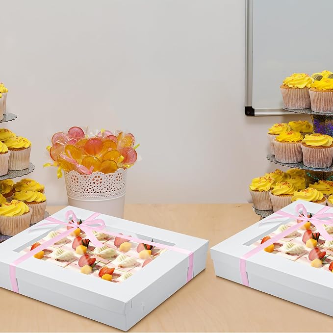 5 Set Full Sheet Cake Box 26 x 18 x 4 Inch with Cake Boards and Pink Satin Ribbon Large Rectangle Bakery Boxes with Window White Bakery Boxes for Packaging Cupcakes Muffins Pie