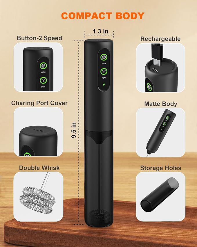 2-Speed Rechargeable Milk Frother Handheld with Cover, Dual Coil Whisk Coffee Frother Handheld - Portable Hand Frother Wand for Coffee Matcha Cappuccino & Hot Chocolate, Kitchen Gift