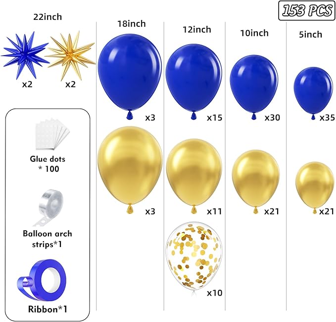 Royal Blue and Gold Balloon Arch Garland Kit 153pcs with Star, 22 18 12 10 5in Different Size Blue Gold Confetti Latex Balloons for Baby Shower Birthday Anniversary New Year Party Decorations