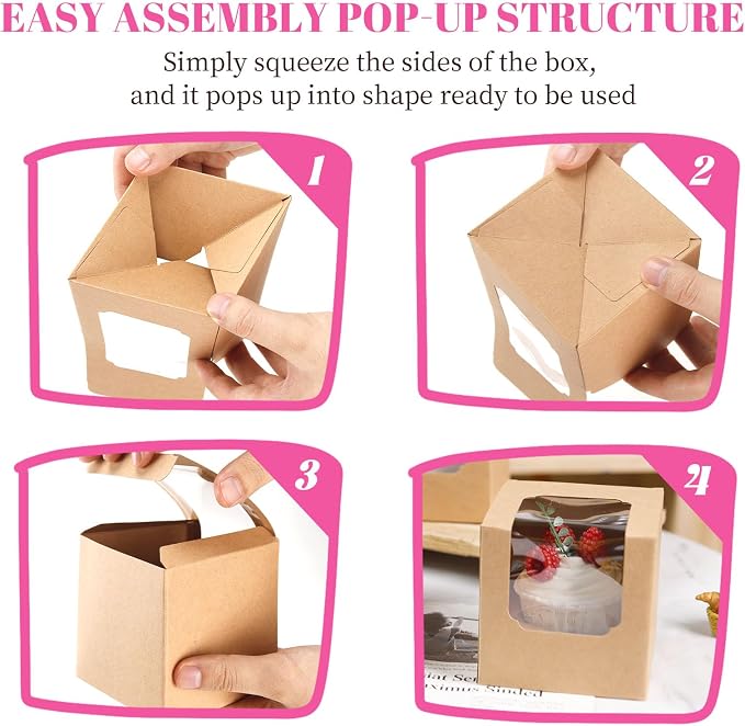 NPLUX 50 Pcs Cupcake Boxes Individual Cupcake Containers Pre-Assembled Single Cupcake Boxes 3.5"x3.5"x3.5" with 50 Pcs Inserts for Cupcakes Muffins Party Favors(Brown)