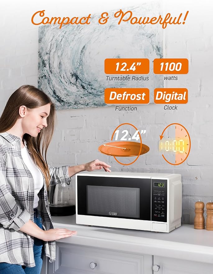 Commercial Chef 1.1 Cu. Ft. Countertop Microwave Oven, Touch Controls with Digital LED Display, 1100W Microwave, Push Button Door, 10 Power Levels, CHCM11100W, White