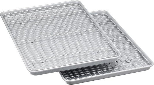 Amazon Basics Ceramic Nonstick Baking Sheets & Cooling Rack Set, Dishwasher Safe, Oven Safe, Half Sheet Size, Gray, 2-Pack
