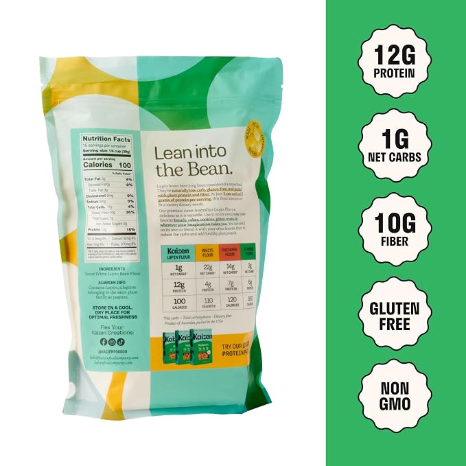 Kaizen Lupin Flour 2lbs – High Protein, Low Carb, Keto Friendly, Gluten Free Ground Lupini Flour – Non GMO, Vegan, Low Calorie, High Fiber Lupin Bean