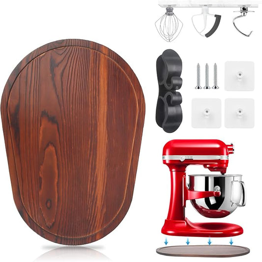Sliding Mat for Kitchen aid 5-8 Qt Stand Mixer with 1Pc Cord Organizer and 3Pcs Attachment Holder for Kitchen Appliance Slider Counter, Moving Tray (5-8 Qt Bamboo and Attachment, Brown)