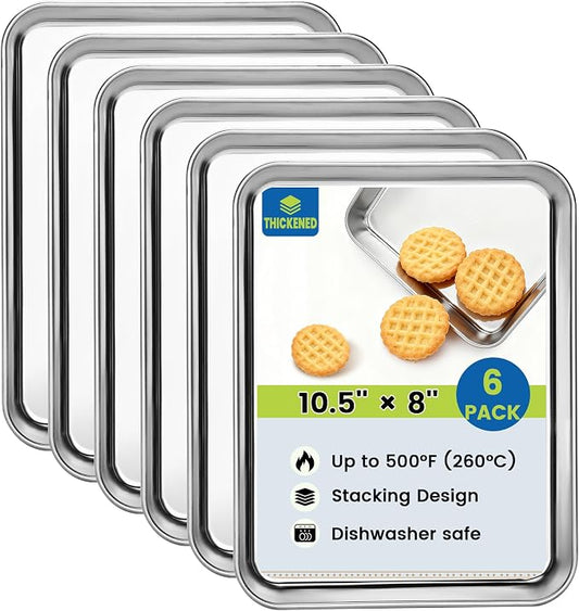 BIEAMA 6 Pack Stainless Steel Toaster Oven Baking Sheets, 10.5 x 8 in | Stainless steel pans with no chemical coating, mirror-polished finish and rolled edges; dishwasher safe, oven safe to 500°F.