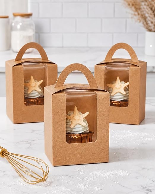 qiqee Auto-pop Brown Cupcake Boxes Individual Disposable 3.7"x3.7"x4.5" 200pcs Cupcake Disposable Single Box with Window