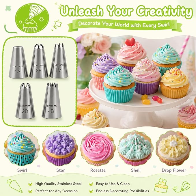 5 Pack Stainless Steel seamless Piping Icing tips, Large Piping Nozzle, Cake Decorating tools for baker