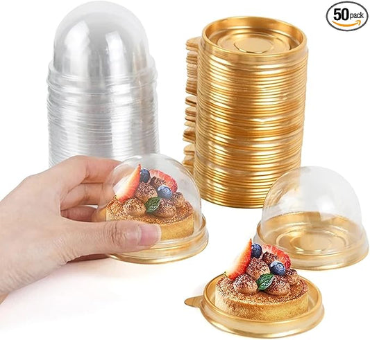 50Pcs Clear Plastic Mini Cake Box with Dome Lids, Mini Muffin Container Box Mooncake Dome Box Pastry Baking Packaging Boxes Wedding Birthday Gifts Supplies (Gold Base)