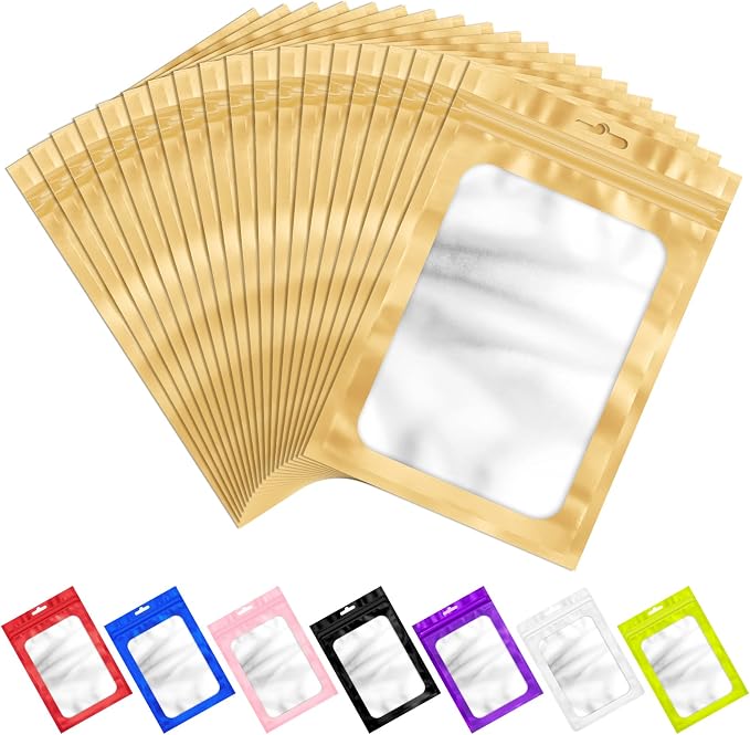 ANZNKU 100 PCS Resealable Mylar Bags with Frosted Clear Window Packaging Bags Foil Pouch Zipper Bag for Food Self Sealing Storage Supplies (2.75×3.93, Light Gold)