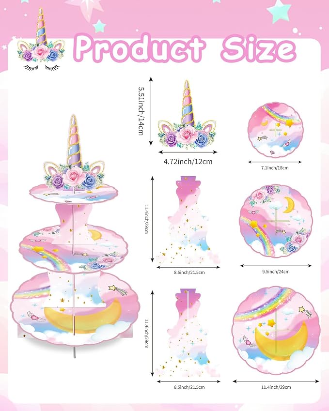 2 Pack Unicorn Cupcake Stands Birthday Decorations: 3-Tier Unicorn and Rainbow Theme Party Supplies Cake Stand Toppers for Girls Kids - Suitable for 48pcs Cupcakes Pink Table Decorations