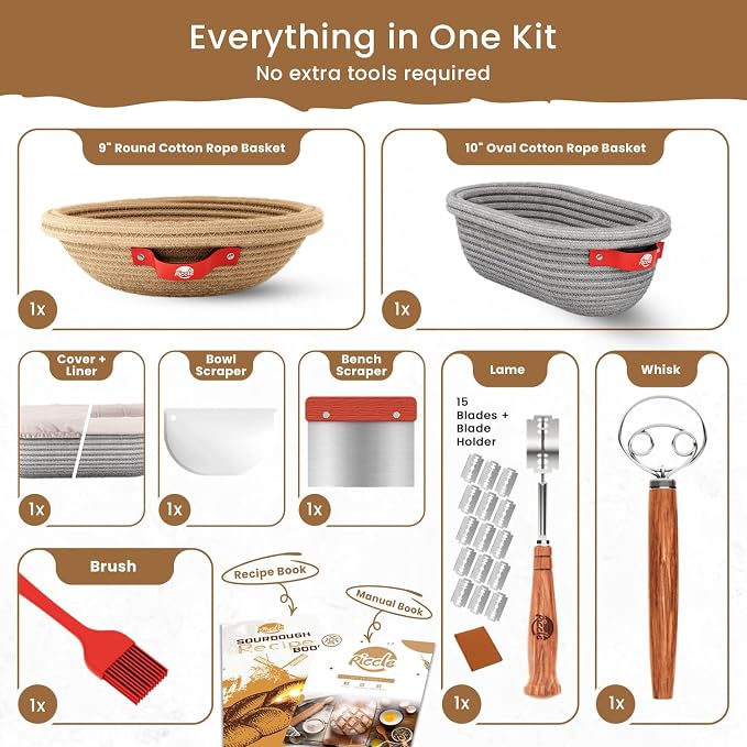 Riccle Cotton Rope Banneton Bread Proofing Basket Set, 9 Inch Round Bread Basket with Liners & Covers for Artisan Bread Baking, Sourdough Bread Baking Supplies (27)