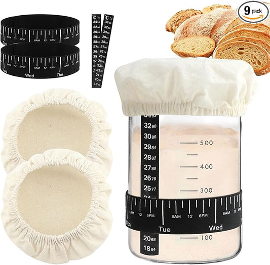 9pcs Sourdough Starter Kit,3 Bread Fermentation Cover 3 Thermometer 3 Feeding Date Band,Sourdough Starter Jars Cloth Covers,Breathable Reusable Sourdough Bread Proofing Cover