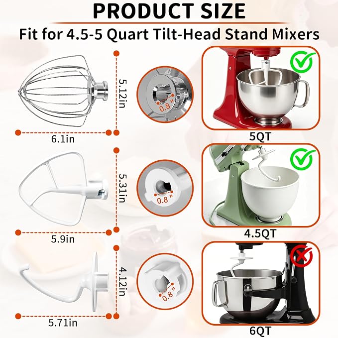 3-Piece Kit Stand Mixer Attachments Set for KitchenAid, Reinforced Stainless Steel Wire Whip & Upgraded Coated Flat Blade Paddle & Dough Hook, Fit for Kitchenaid 4.5-5QT Tilt-Head Stand Mixers