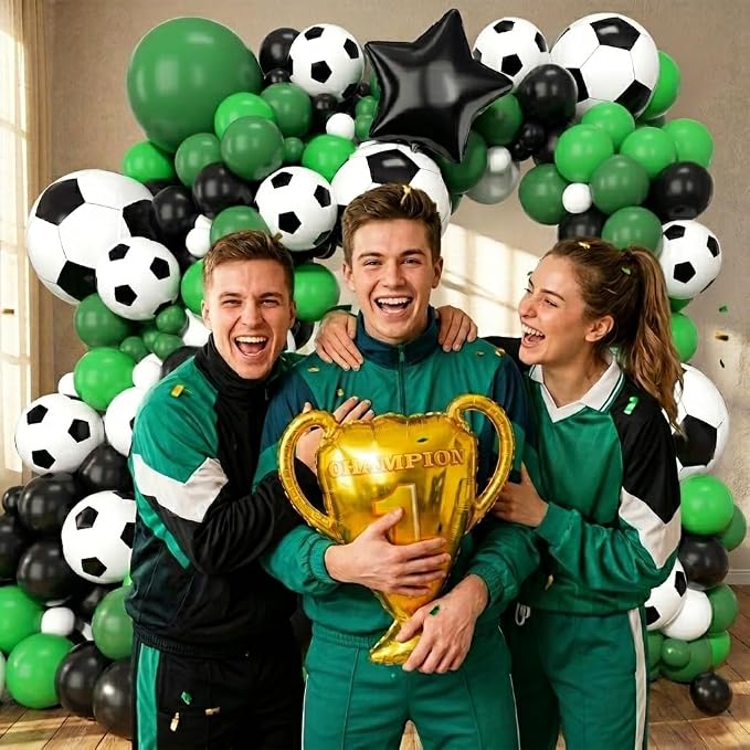 Soccer Balloons Garland Arch Kit 150Pcs - Black and White Dark Green Balloon and Trophy 18 inch Soccer Foil Balloons for 2026 World Football Sports Theme Birthday Anniversary Party Decoration