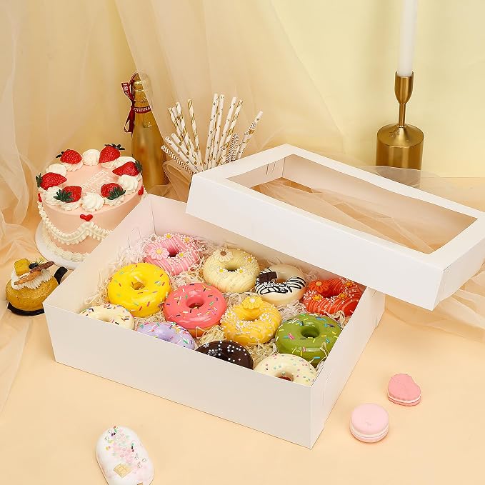 Moretoes 10pcs 14x10x4in Sheet Cake Boxes with Cake Board, White Rectangle Bakery Boxes with Window, for Quarter Sheet Cakes, Donuts, Cupcakes, Brownie&Pie
