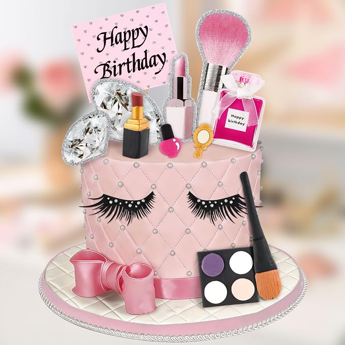 12PCS Makeup Cake Topper Makeup Cake Decorations with Lipstick Eye Shadow Makeup Brush for Girl Women Salon Birthday Party Decor Spa Party Supplies Make up Themed Party Decor Bachelorette