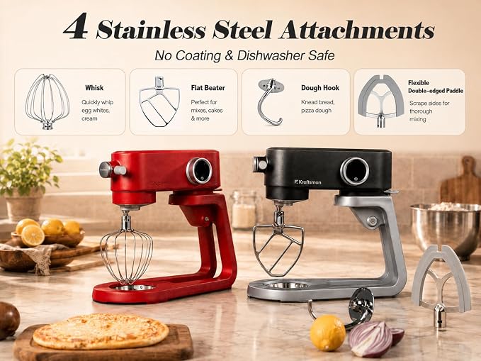 All Metal Stand Mixer DC Motor - Heavy Duty Dough Mixer 5.3 Quart with 4 Stainless Steel Attachments, Quiet Operation with Timer, Verstile Standing Mixer with Power Hub, 8-Speed (Red)