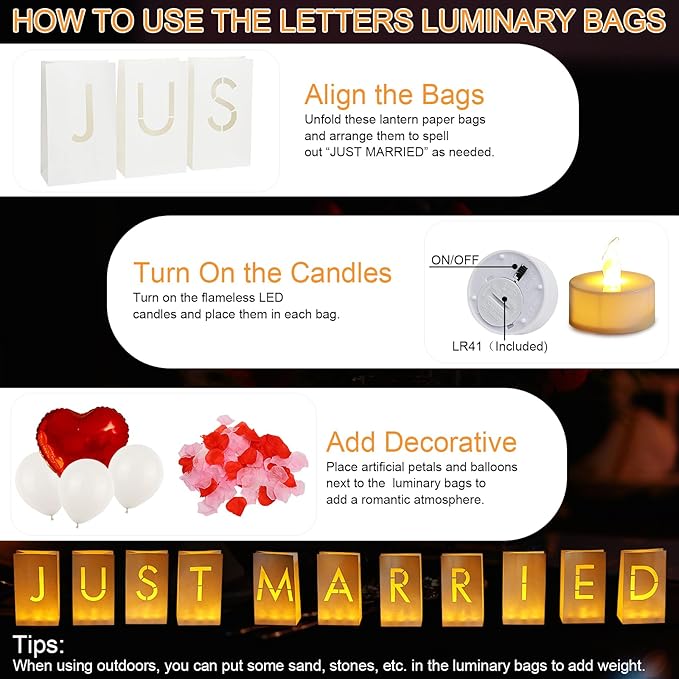 Just Married Luminary Paper Bags with LED Tea Lights Flameless Candles Balloons Rose Petals, Light Up Letters Signs for Valentines' Day Engagement Romantic Decorations
