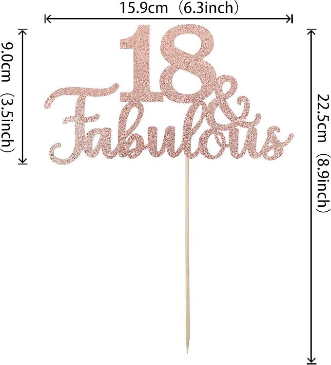 1 PCS 18 & Fabulous Cake Topper Glitter Eighteen and Fabulous Cake Toppers Happy 18th Birthday Cake Pick for 18th Wedding Anniversary Birthday Party Cake Decorations Supplies Rose Gold