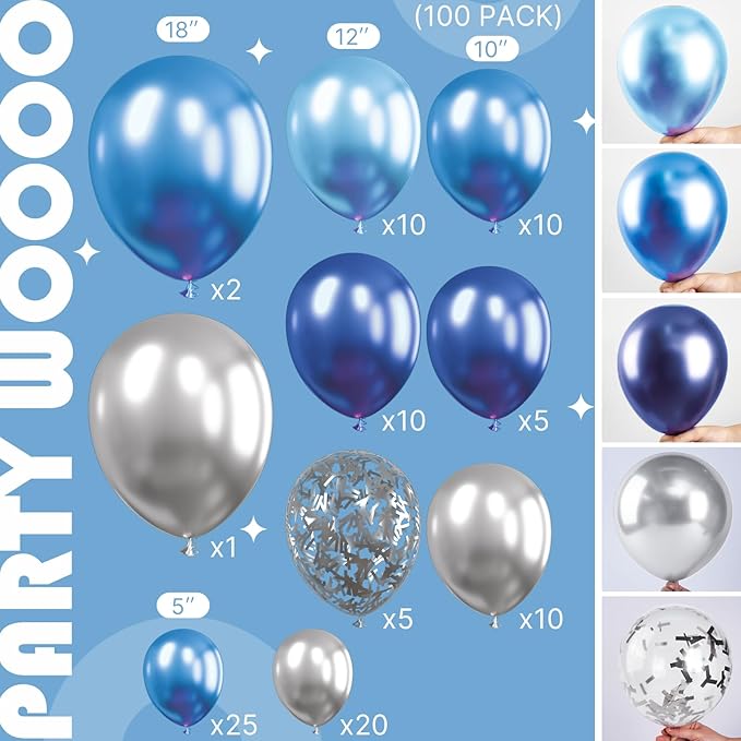 PartyWoo Blue and Silver Balloon Garland, 100 pcs Balloons Different Sizes Pack of 18 Inch 12 Inch 10 Inch 5 Inch Navy Blue Silver Metallic Balloons for Birthday Decorations, Party Decorations