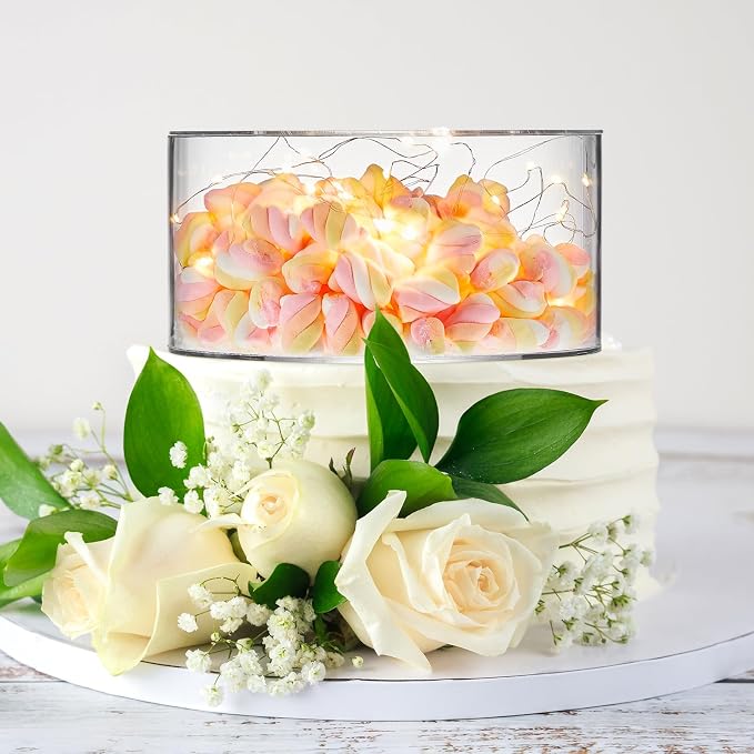Sunnyray 2 Pcs Acrylic Cake Stands for Dessert Table Clear Fillable Cake Riser Cupcake Tier with LED Strings for Birthday Wedding Holiday Party Display(12'', 14'')