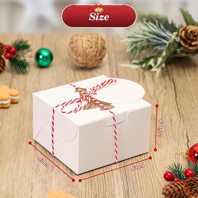 COTOPHER 30Pcs Christmas Cookie Boxes With Window, 4x4x2.5 Inch White Bakery Box for Gift Giving, Mini Cake Box for Treat Donuts Chocolate Strawberries Pastries Muffins