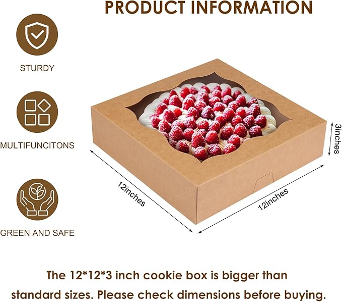 Moretoes 25pcs Pie Boxes, 12x12x3 Inch Auto-Popup Brown Bakery Boxes with Window for Pie, Cookie Cake, Treats, Desserts, Donuts, Muffins