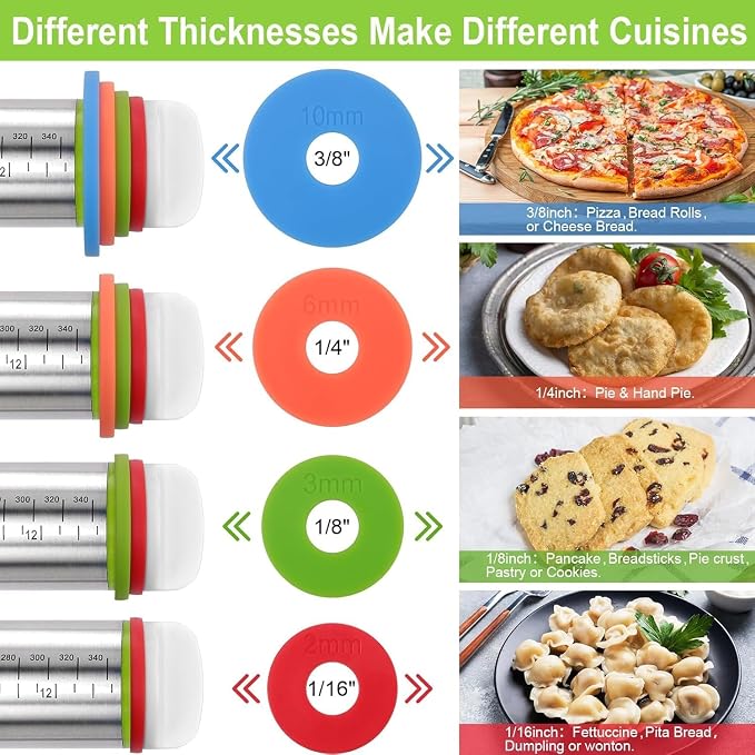Rolling Pin and Pastry Baking Mat Set, 17-inch Rolling Pins with Adjustable Thickness Rings, Stainless Steel Dough Roller for Baking Fondant, Pizza, Pie, Pastry, Pasta, Cookies (black)