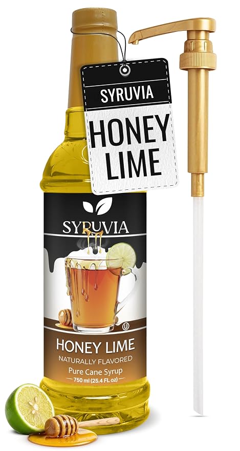 Syruvia Honey Lime Syrup, Naturally Flavored Syrup for Teas, Drinks, Lemonades, Iced Teas, and Desserts – 25.4 fl oz - with Pump