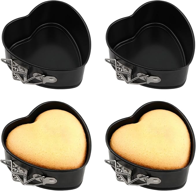 Heart Springform Pans 4 Inch, Set of 4 Mini Cheesecake Pans, Nonstick | Removable bottom, Spring latch release, Carbon steel with nonstick coating, Oven safe 445F, Hand wash recommended