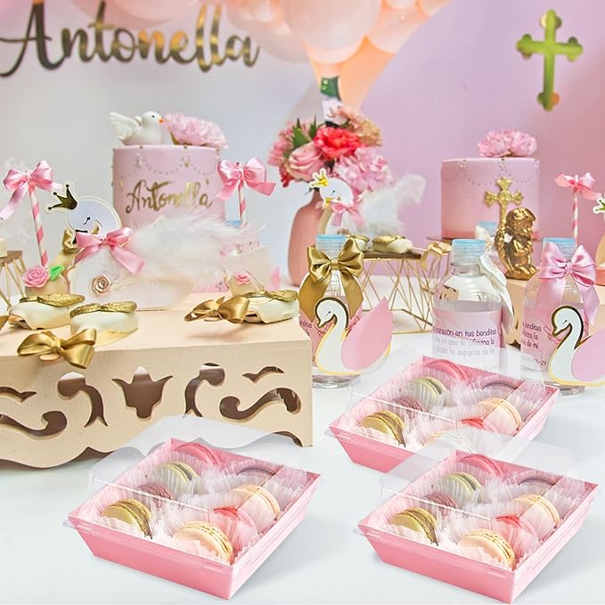 Ocmoiy Pink Charcuterie Boxes with Clear Lids 4x4 Inch, 100 Pack Square Kraft Bakery Cake Slice Boxes with Window, Dessert To Go Containers (100)