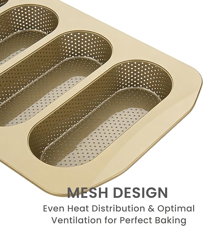 Baguette Bread Pan for Baking, 4 Loaf Nonstick French Bread Baking Pan, Perforated Carbon Steel Bread Loaf Pan for Homemade Baguettes, Sub Rolls and Artisan Bread