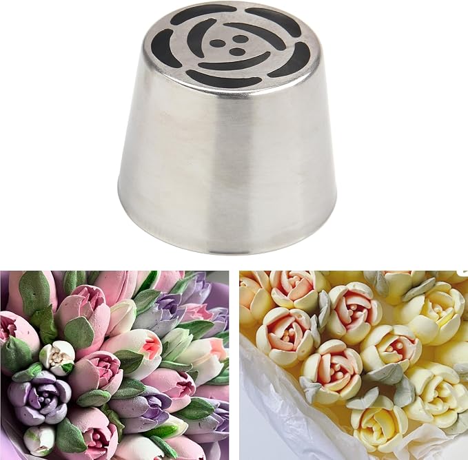 Extra Large Russian Piping Tip Set - 6 Stainless Steel Marshmallow Buttercream Framing Nozzles for 3D Roses Tulip Cake Decorations and Marshmallow Bouquets, Includes 1 Cleaning Brush(6I)