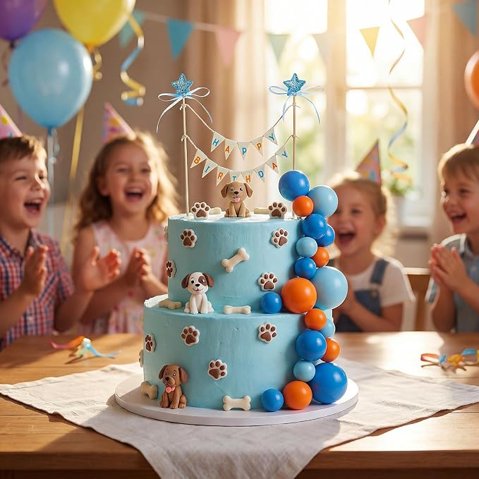 31 Pcs Happy Birthday Cake Topper Cake Bunting Topper Banner with Wood Pole Rainbow Garland with Bow Ribbon Balloon, Mini Cupcake Decor for Birthday Baby Shower (Blue Orange Paw Print)