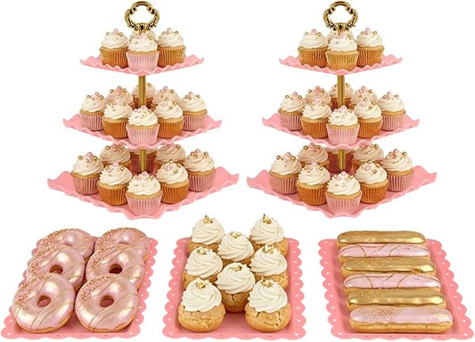 NWK 5 Piece Cake Stand Set with 2 x Large 3-Tier Cupcake Stands, 3 x Appetizer Trays, for Wedding Birthday Baby Shower Tea Party Decorations (Pink)