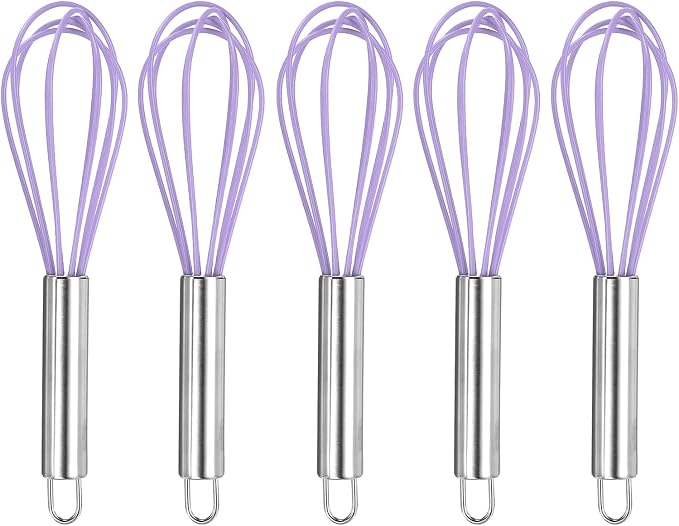 HARFINGTON 5Pcs Silicone Whisk 8" Kitchen Whisk Wire Whisks Beater with Stainless Steel Handle for Egg Milk Whisking Blending Beating & Stirring, Purple