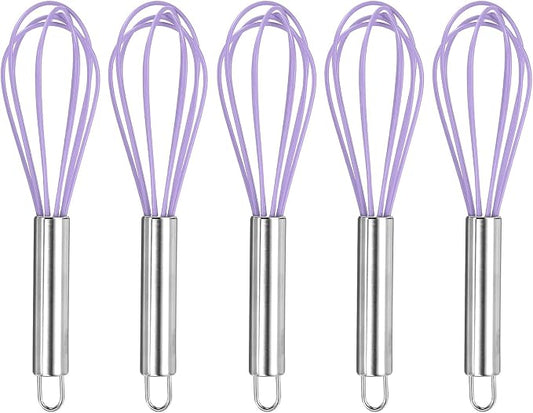HARFINGTON 5Pcs Silicone Whisk 8" Kitchen Whisk Wire Whisks Beater with Stainless Steel Handle for Egg Milk Whisking Blending Beating & Stirring, Purple